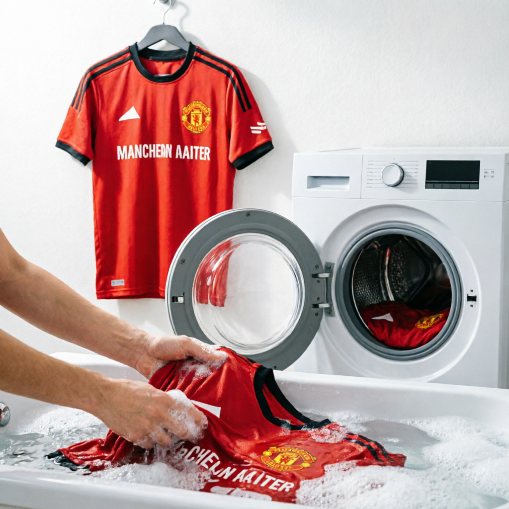 正确清洗和护理足球衬衫的步骤，展示使用冷水手洗或机洗、晾干和熨烫的正确方法